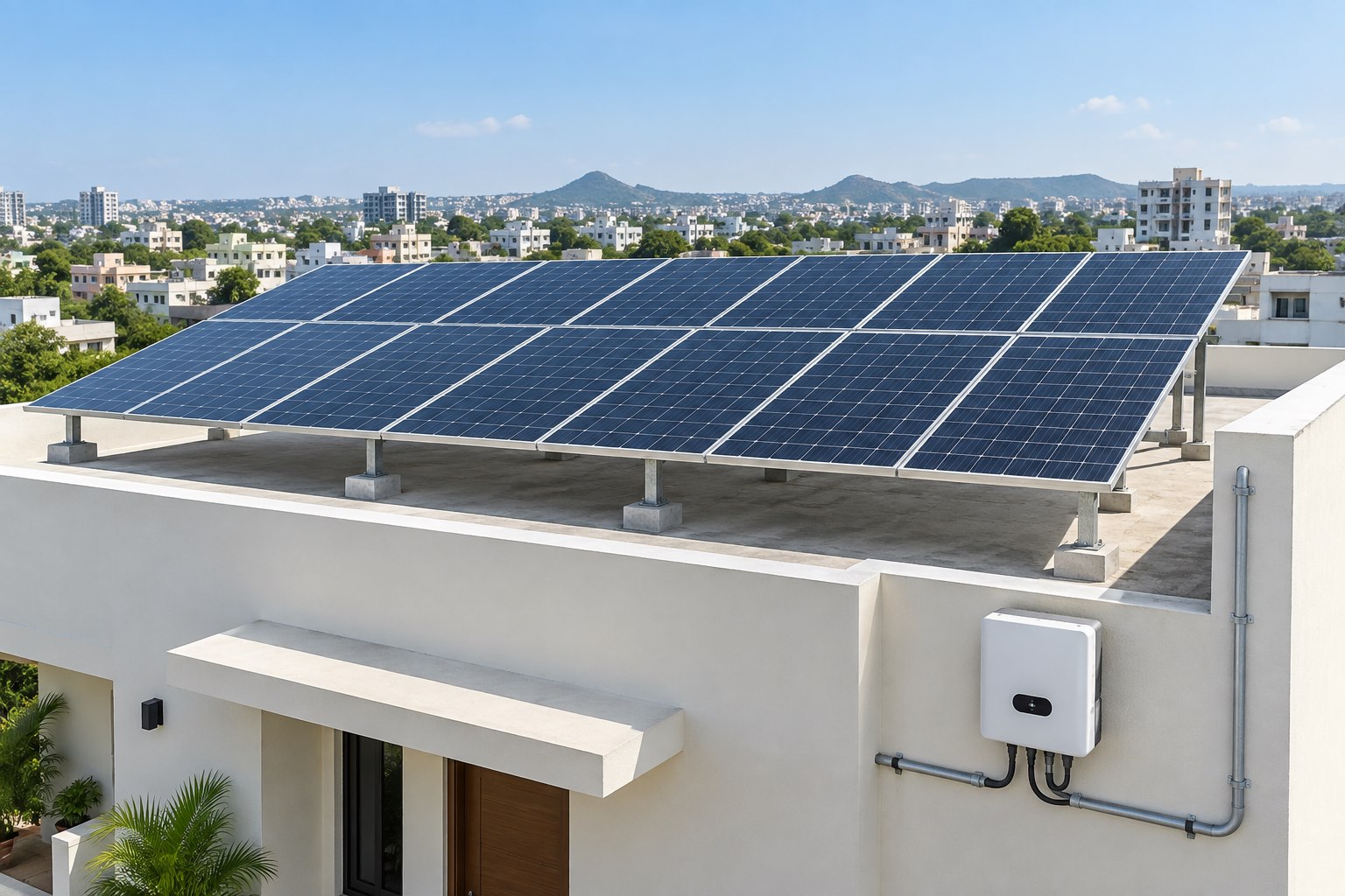 Clean rooftop solar panels with a wall-mounted inverter