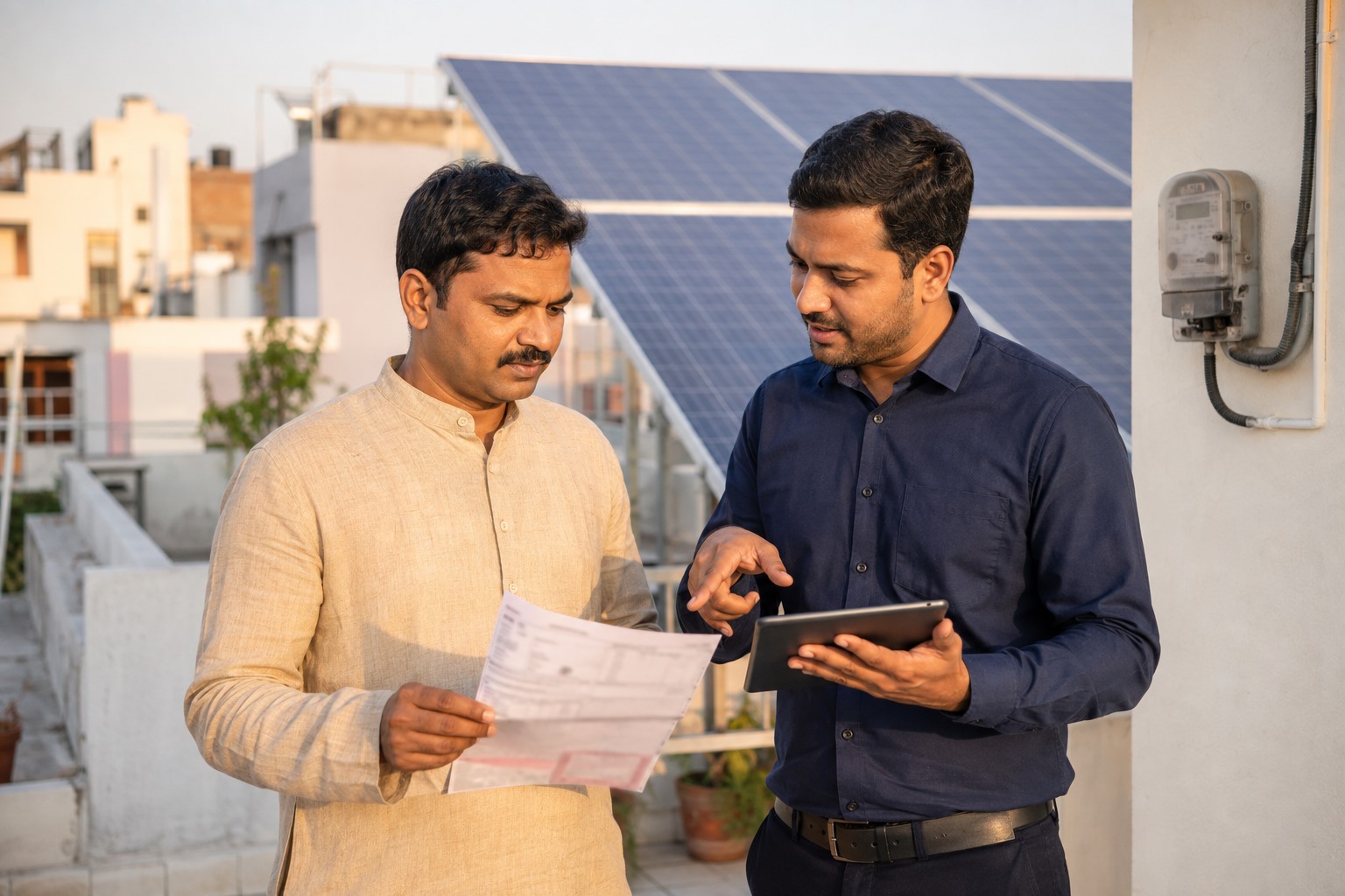 Indian homeowner discussing rooftop solar subsidy with installer